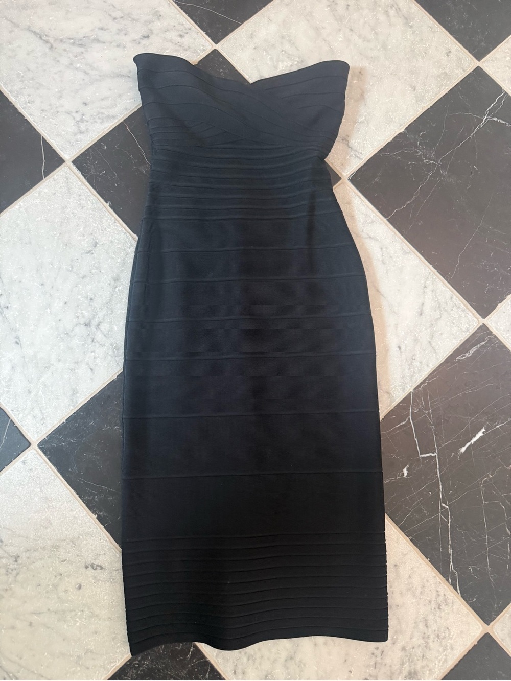 Herve Leger Black Strapless Bandage Midi Dress